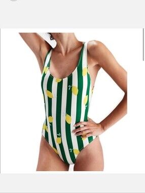Woman One-Piece Swimsuit in Green Stripe with Yellow Lemon Print